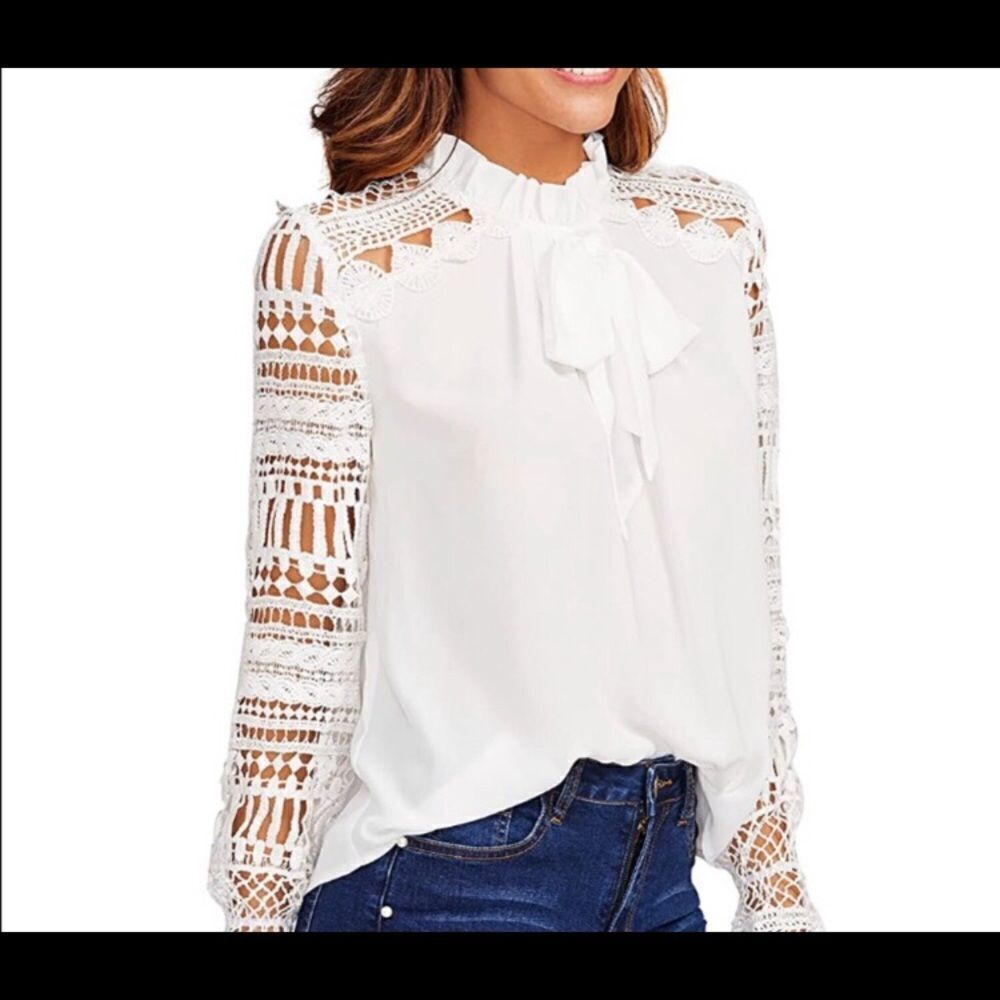 NWOT Floerns White XS Ruffle Collar Lace Chiffon Top